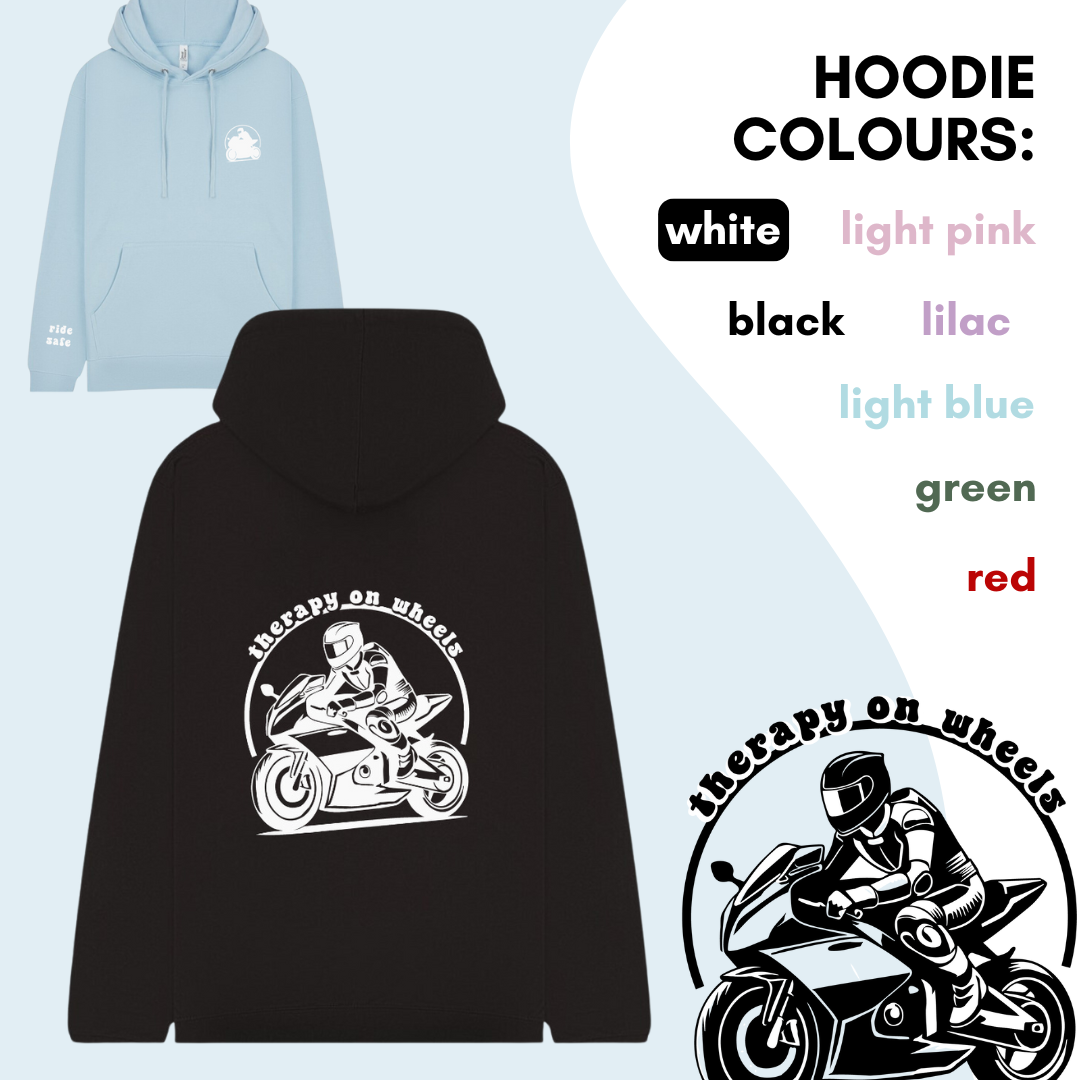 'therapy on wheels' hoodie: male biker