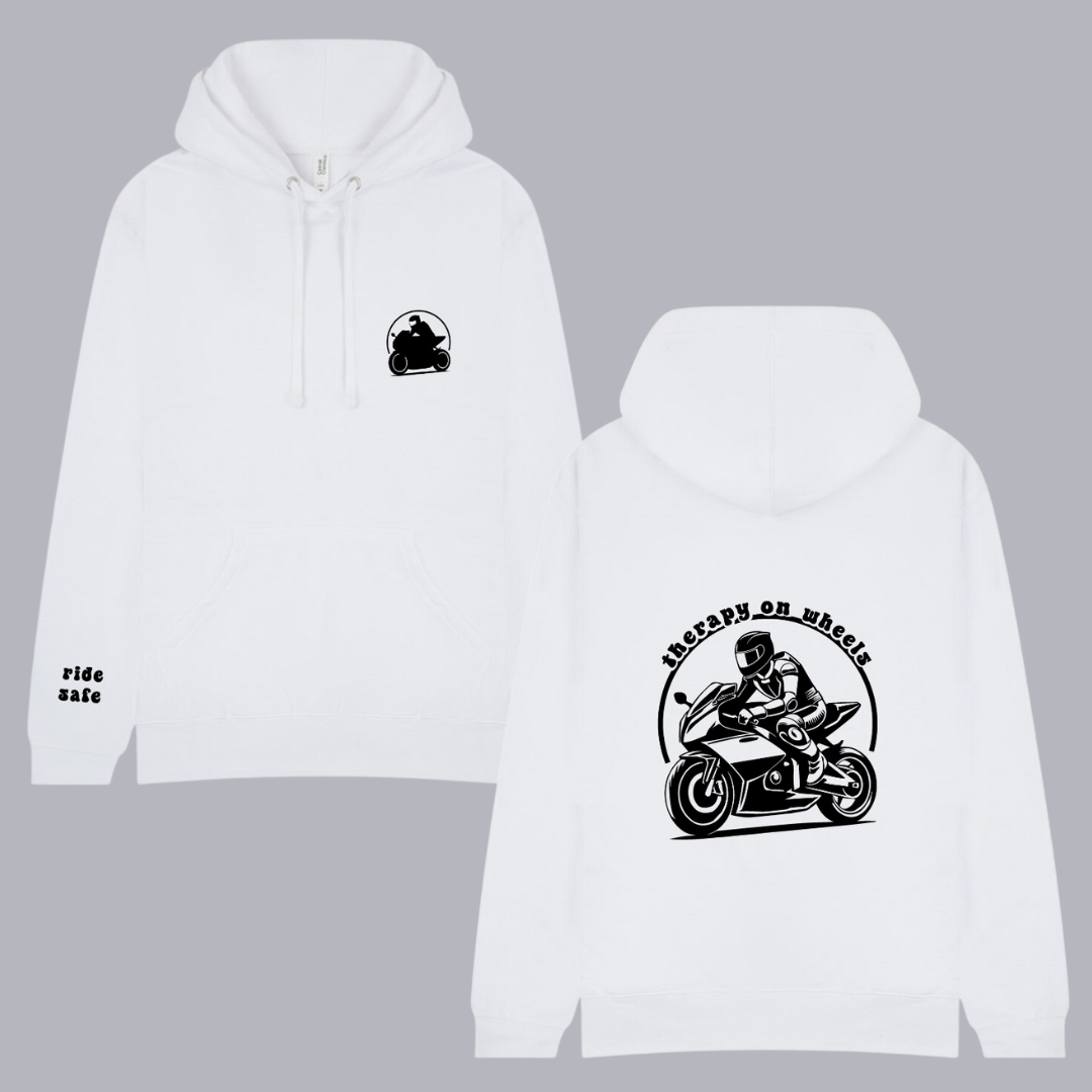 'therapy on wheels' hoodie: male biker