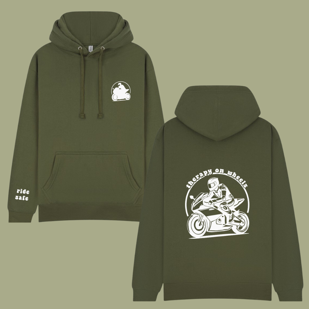 'therapy on wheels' hoodie: male biker