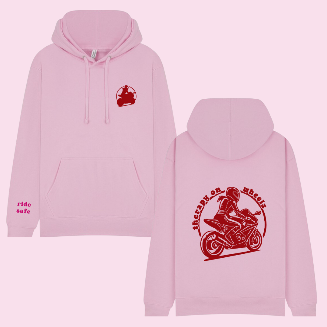 'therapy on wheels' hoodie: female biker