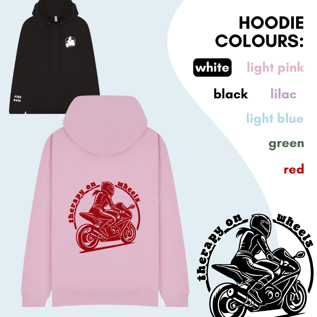 'therapy on wheels' hoodie: female biker